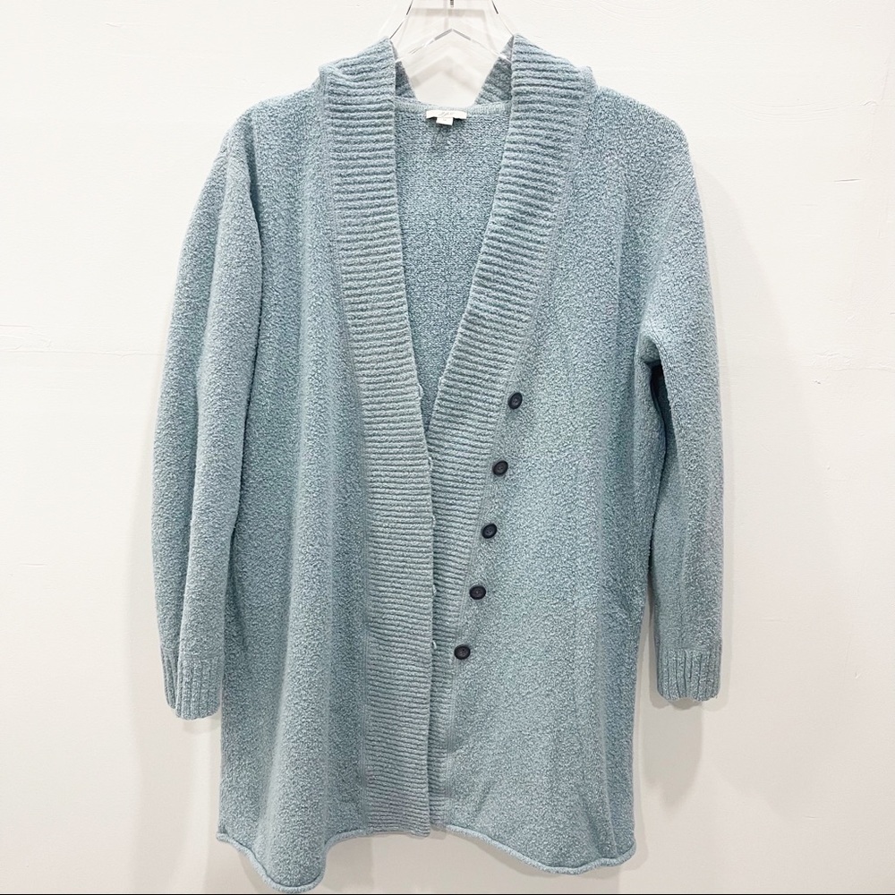 J. Jill Hooded Sweater Cardigan Light Blue Soft Fuzzy Button Front Medium Cotton